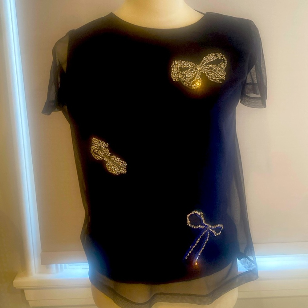 MaxMara Navy  Short Sleeve tulle knit with lining with Embellishments